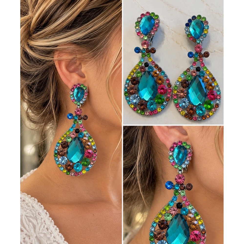 Pageant Earrings 3.5" Multicolor Rhinestone Aqua Teal Clip On Statement